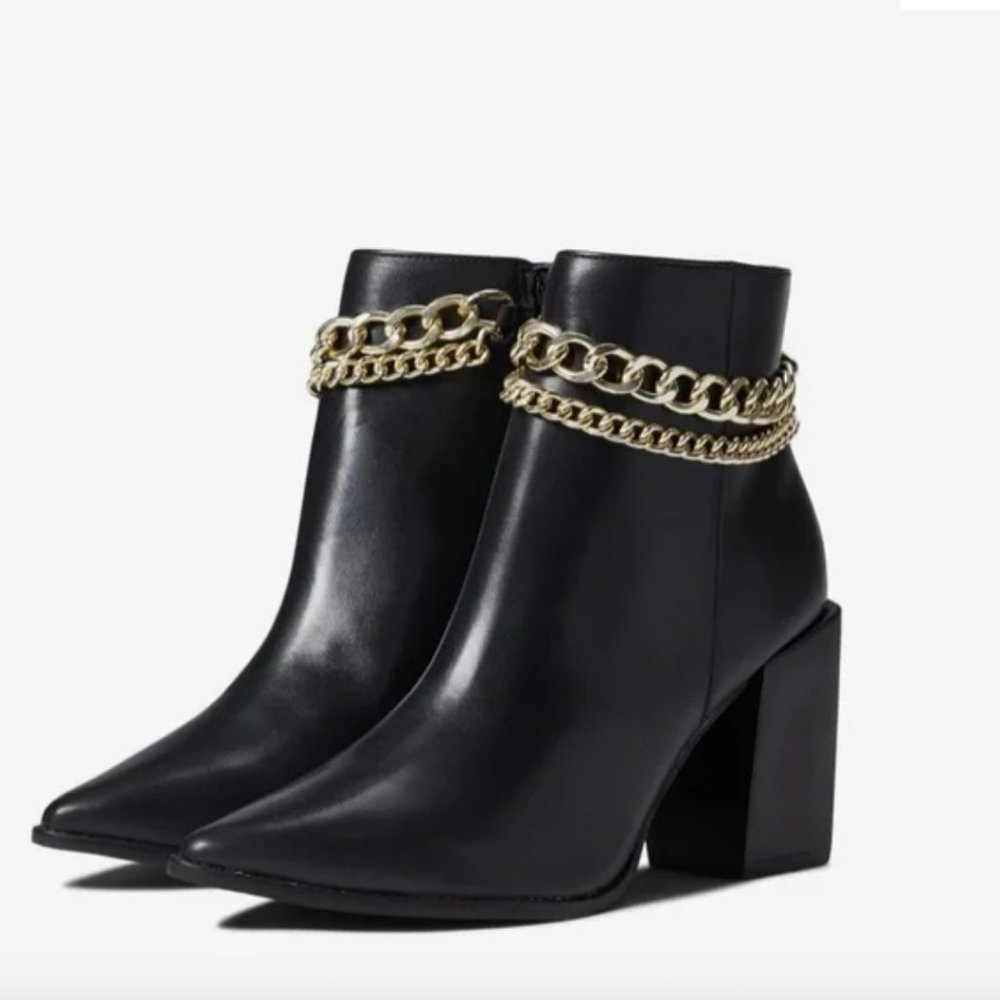 NEW STEVE MADDEN PERLINA BLACK LEATHER BOOTIE BOOTS WITH CHAIN DETAILS 9.5